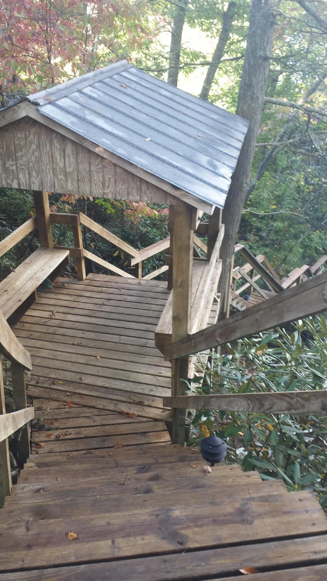 Metal roofed shelter over wooden steps on a wooded walkway — Skylight Repair & Installation work by our crew in Belmont